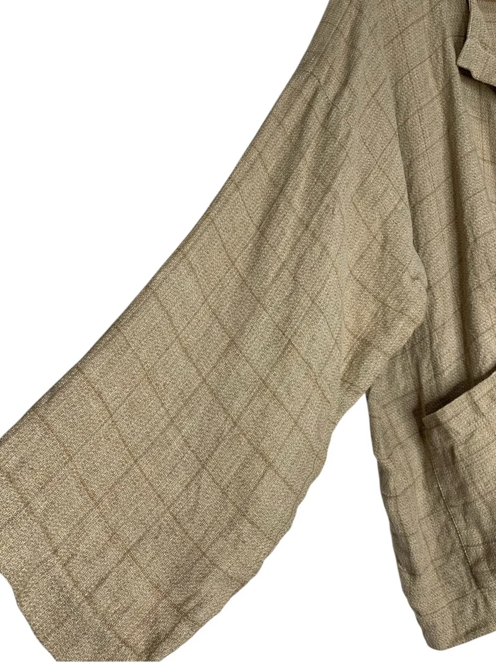 Eskandar Linen Jacket Oversized Beige Textured Grid Weave Open Front Lagenlook